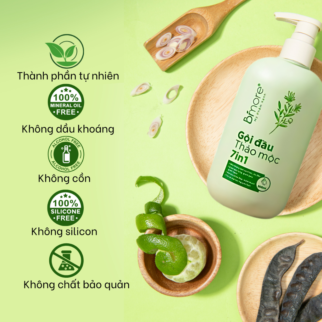 Gội đầu thảo mộc 7in1 làm sạch da đầu, phục hồi tóc, giúp tóc chắc khỏe.